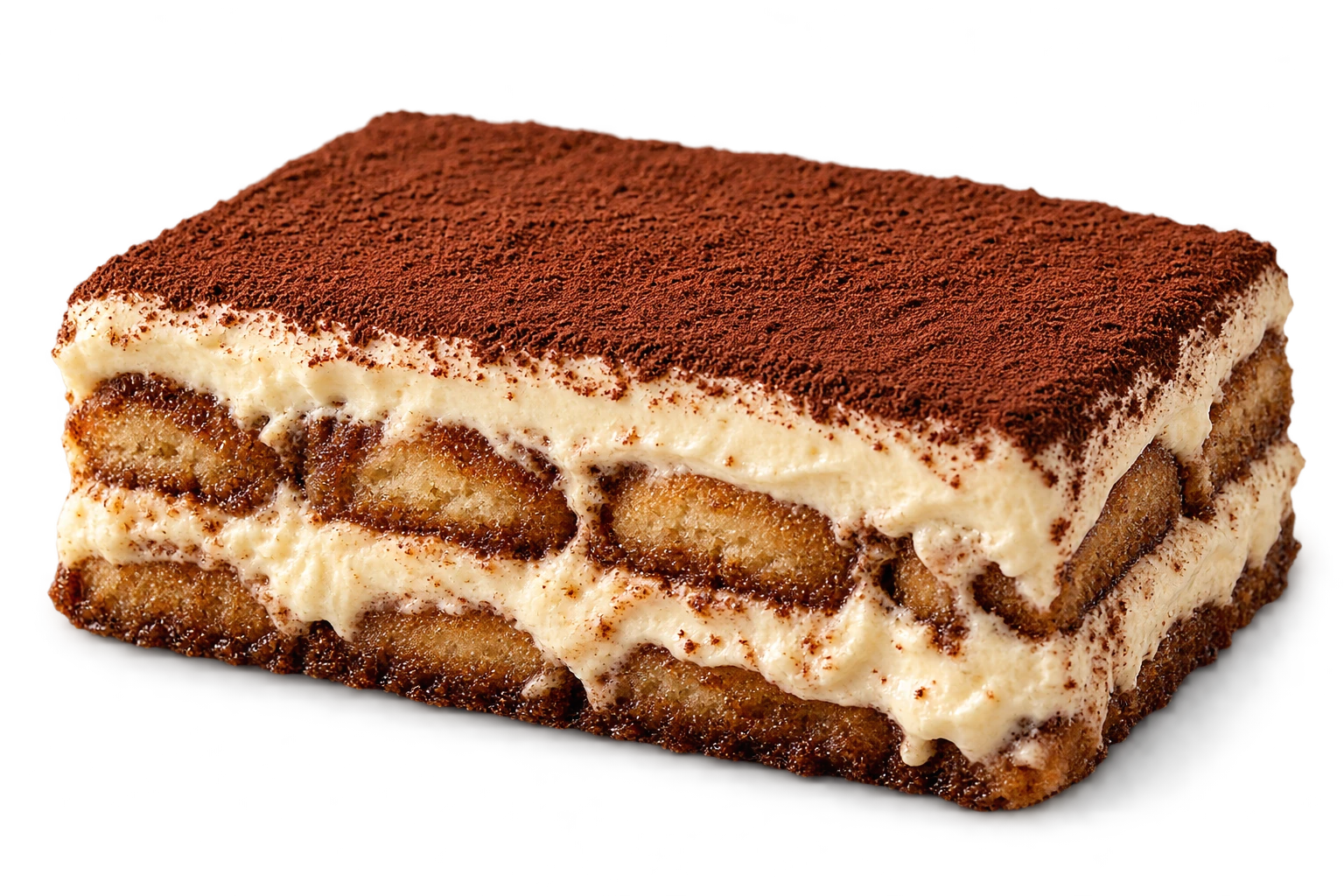 Classic tiramisu with ivory mascarpone, espresso-soaked ladyfingers and cocoa