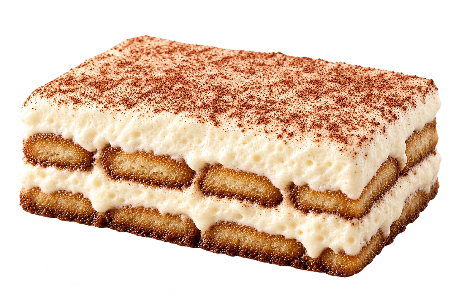 Airy tiramisu with pale cream, light golden biscuit layers and a fine veil of cocoa